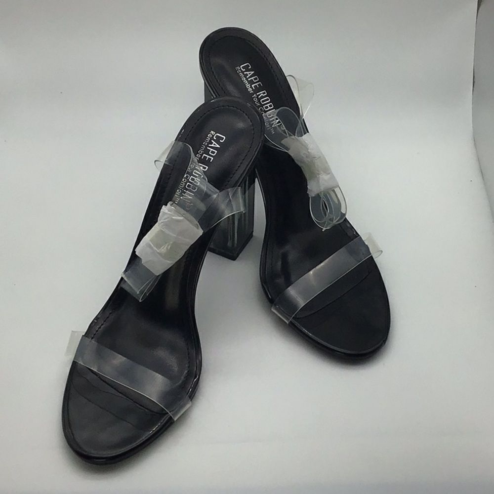 Clear Slip On Cape Robbin Heel Sz 10 Acrylic Black Lucite Ankle Strap Sandal NEW - Picture 2 of 11